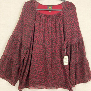 New JM Collection Burgundy Black Animal Print Soft Tiered Sleeve Pullover Top XL